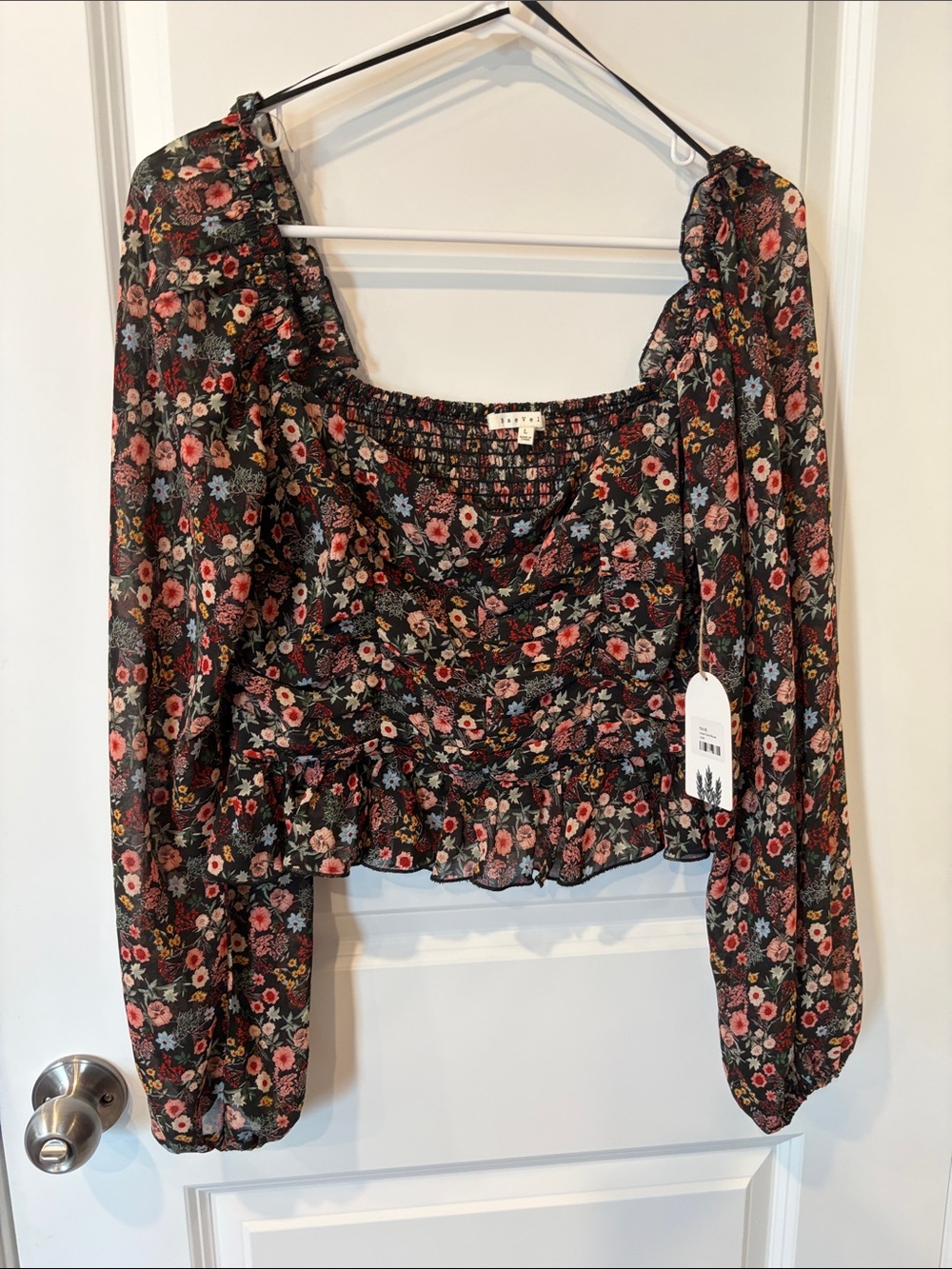 Smocked Floral Long-Sleeve Crop Blouse - Black with Pink Flowers